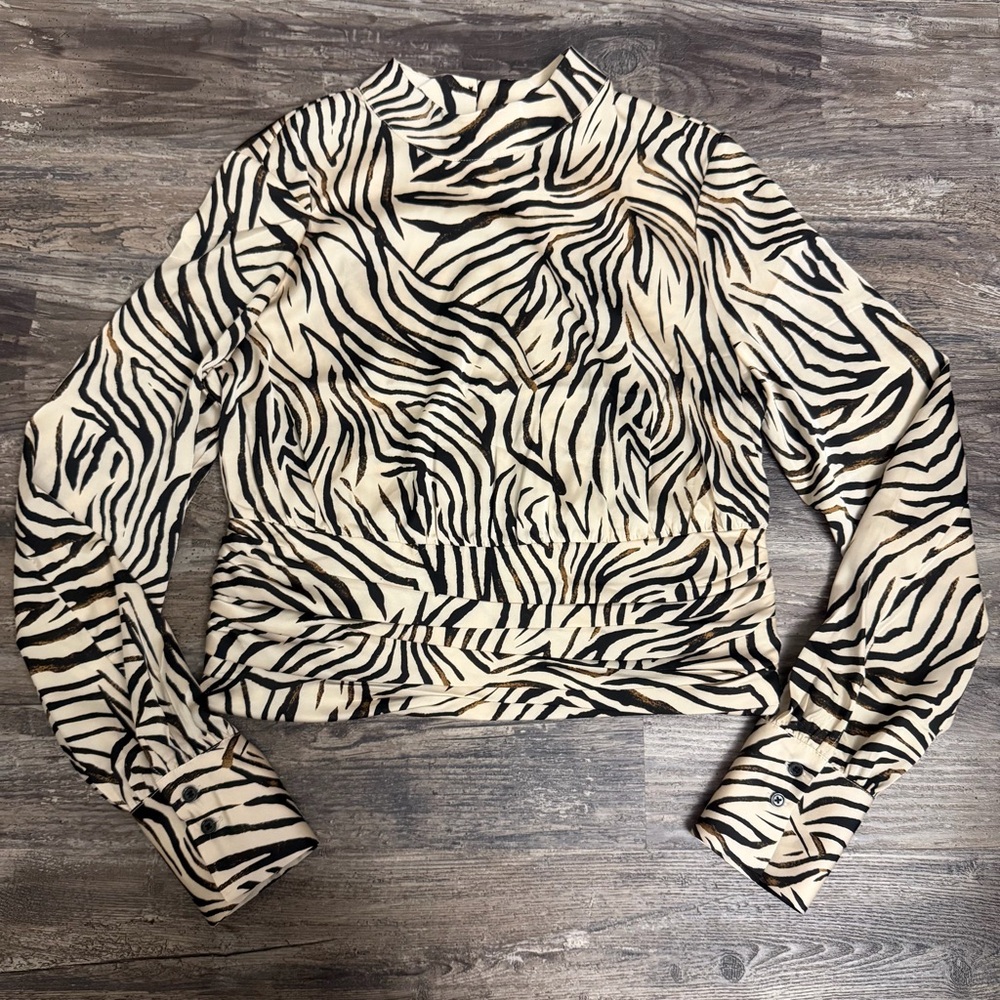 Rachel Zoe Black Cream Zebra Print Long Sleeve Pleated Elegant Blouse Top Size M